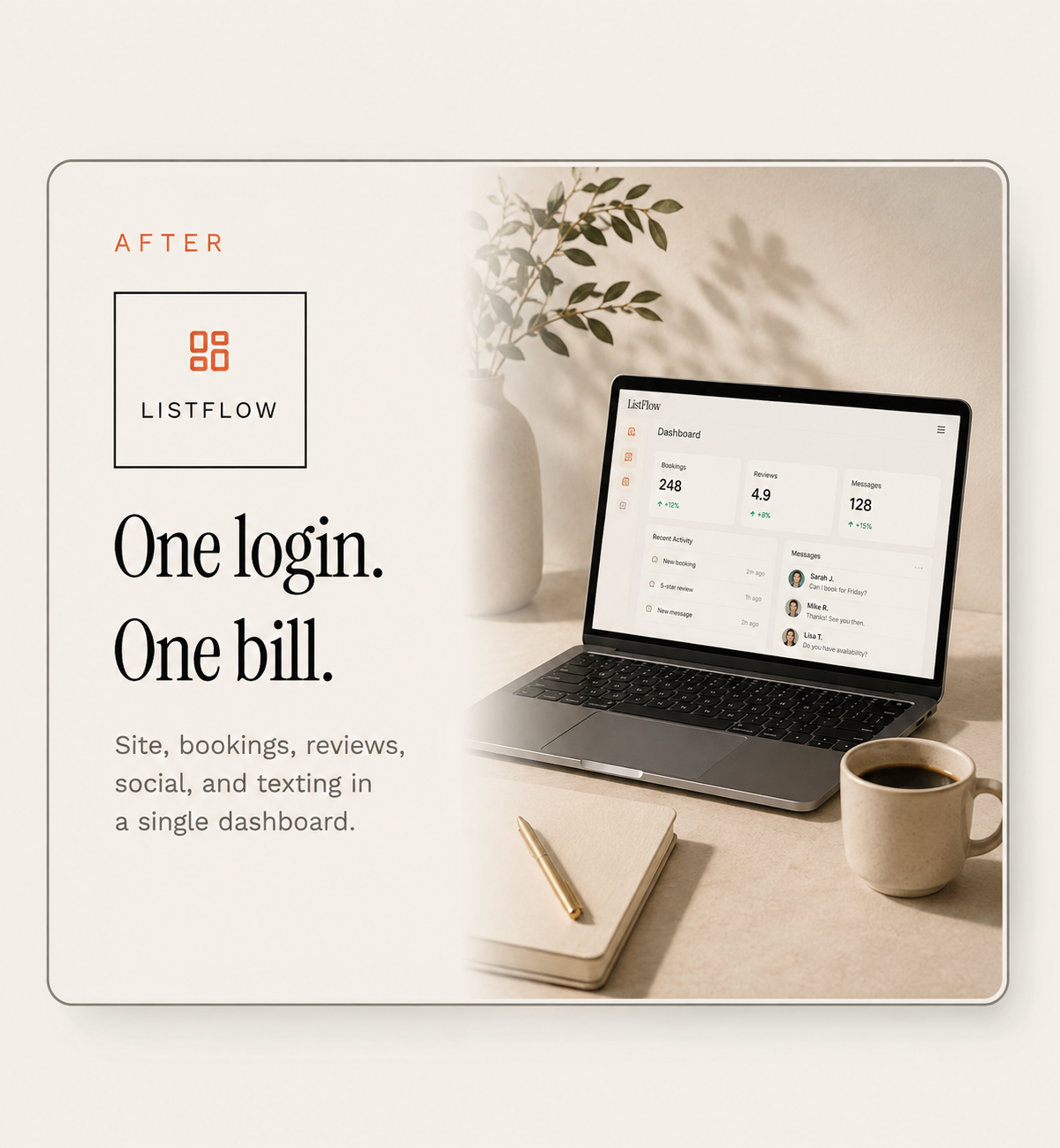 The ListFlow dashboard — site, bookings, reviews, social, and texting in one place